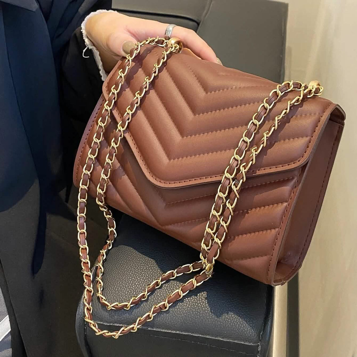 Quilted Pattern Flap Chain Square Bag