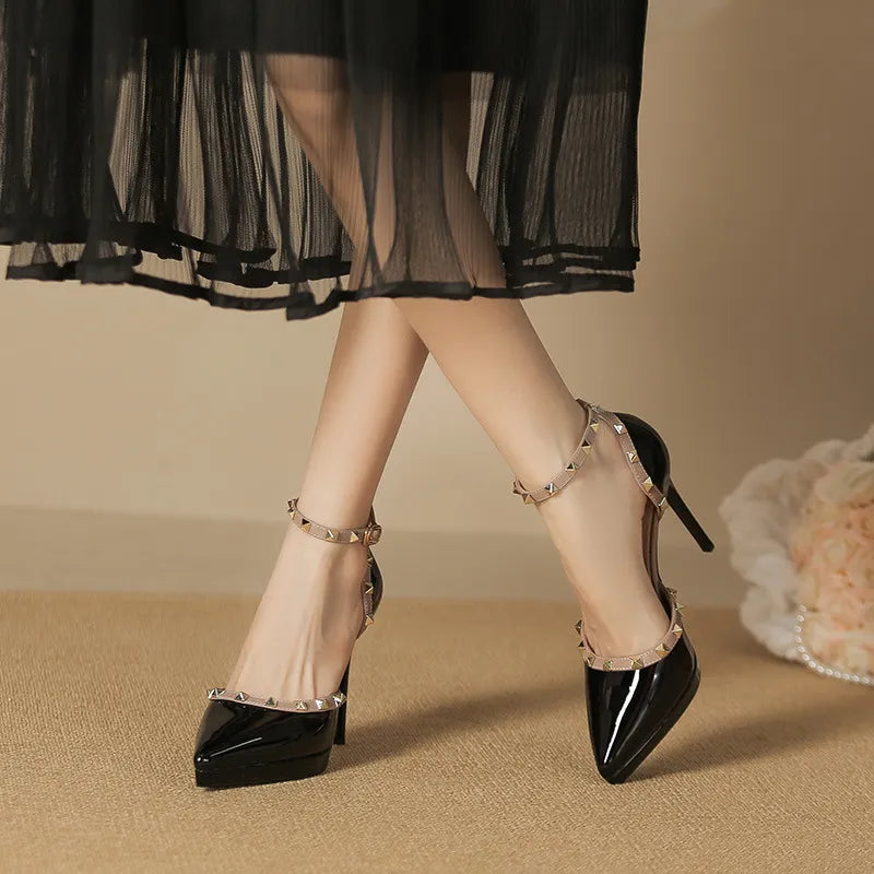 Rivet Decor Ankle Strap Stiletto Pumps