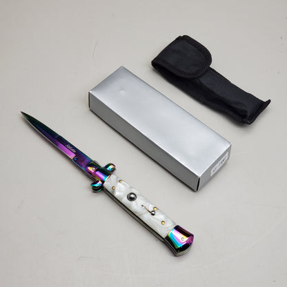 ZA@ ARMED FORCE TACTICAL Hand Crafted OTF Pocket Knife 9" Knife 4" Blade White/Rainbow ST-7RWP
