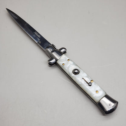 ZA@ ARMED FORCE TACTICAL Hand Crafted OTF Pocket Knife  9" Knife 4" Blade  Ivory/ Silver ST-7MWT