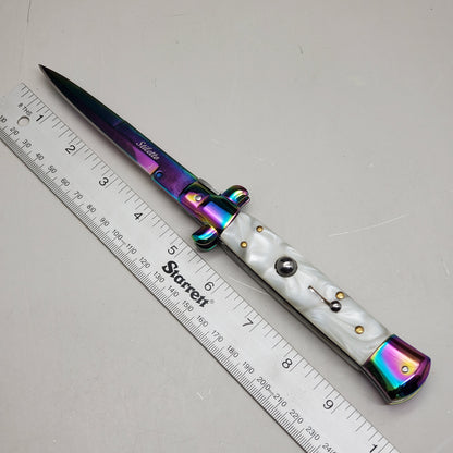ZA@ ARMED FORCE TACTICAL Hand Crafted OTF Pocket Knife 9" Knife 4" Blade White/Rainbow ST-7RWP