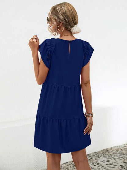 Ruffled Round Neck Cap Sleeve Mini Dress