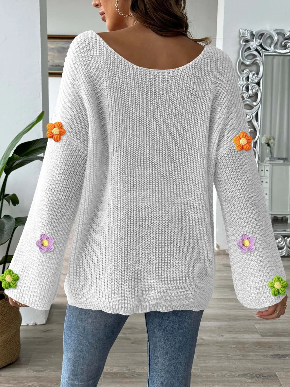 Simple and loose one neck off shoulder flared sleeve sweater