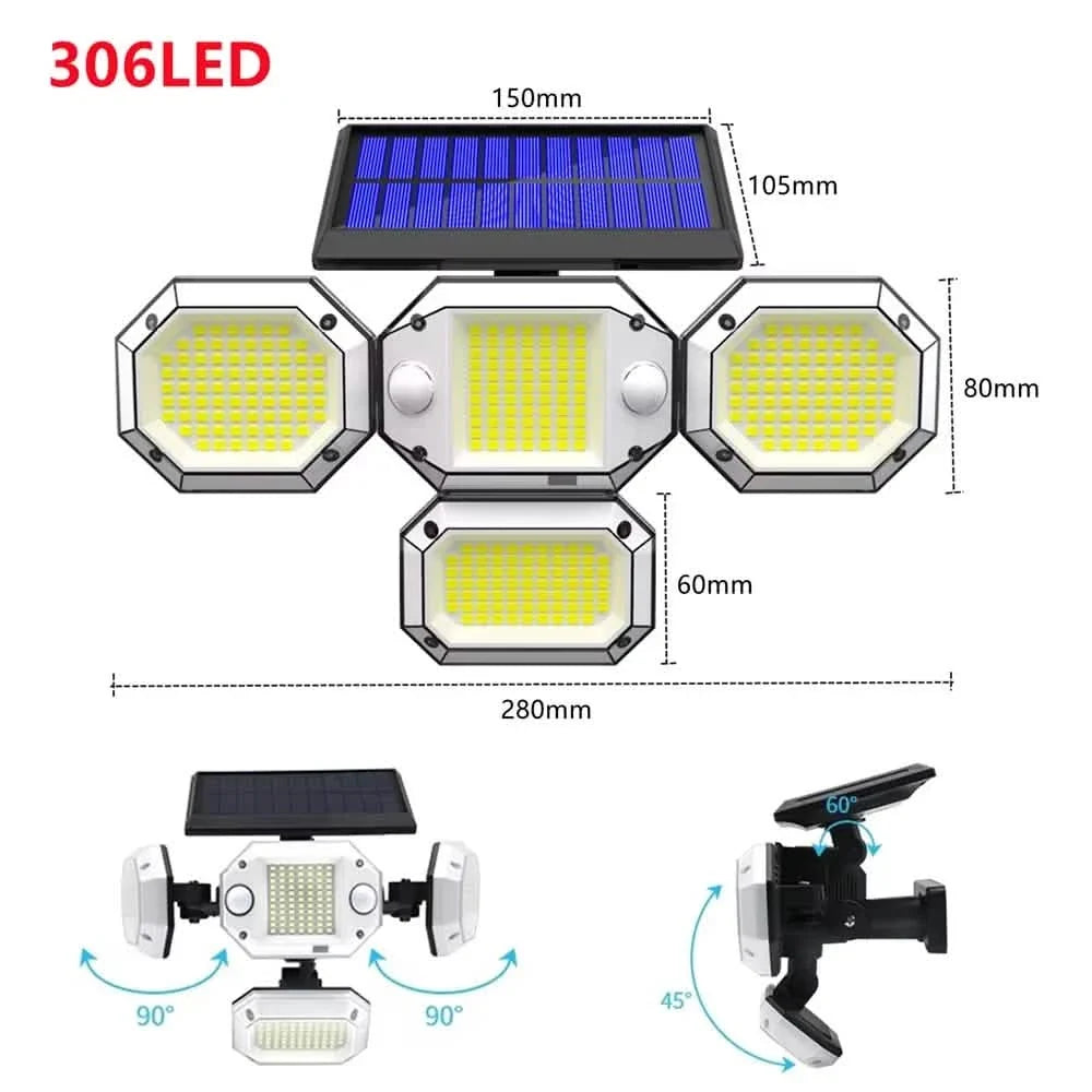Solar Light Outdoor with Remote Control Double Motion Sensor Light 306/208 Led Wall Lamp IP65 Spotlight Exterior Garage Lighting