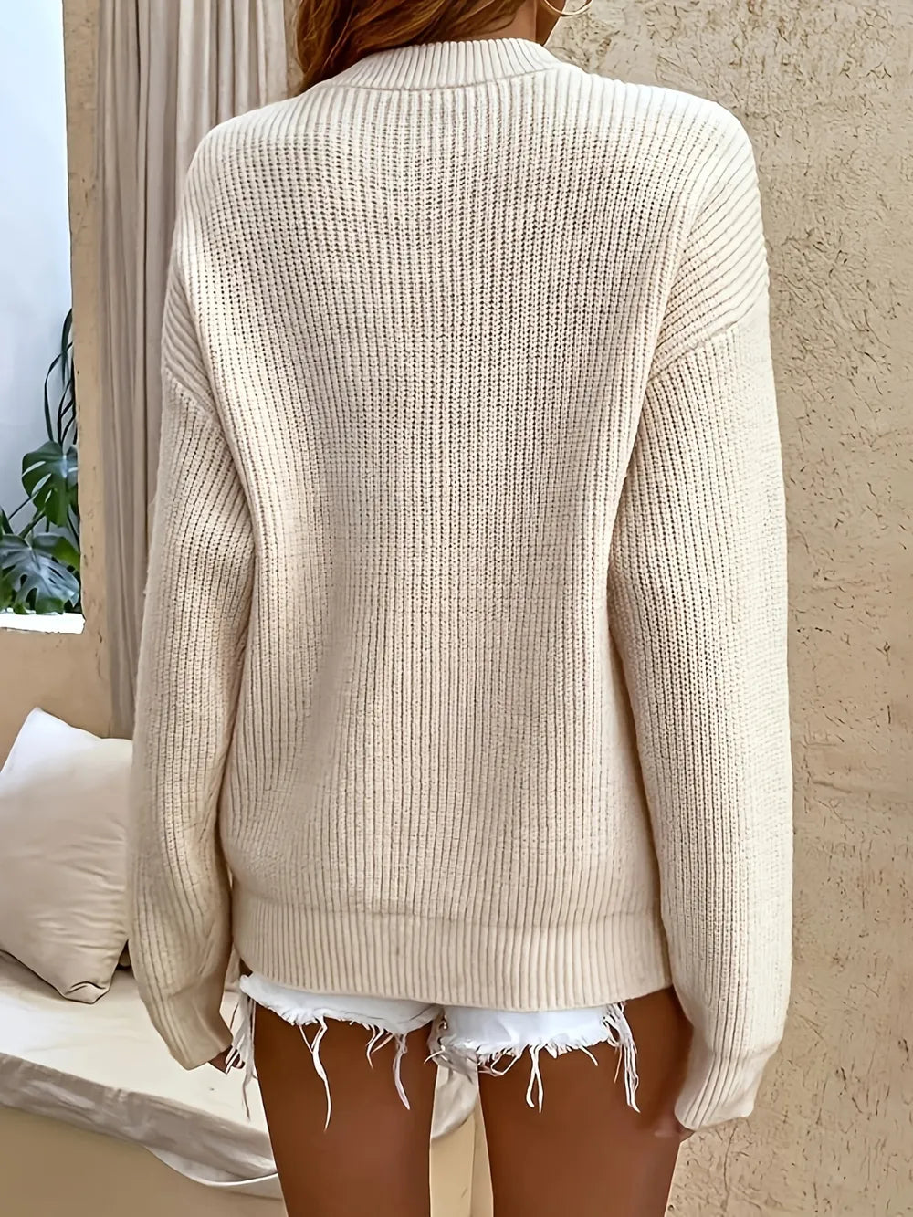 Solid color half cardigan buttoned pullover sweater new casual knit sweater top