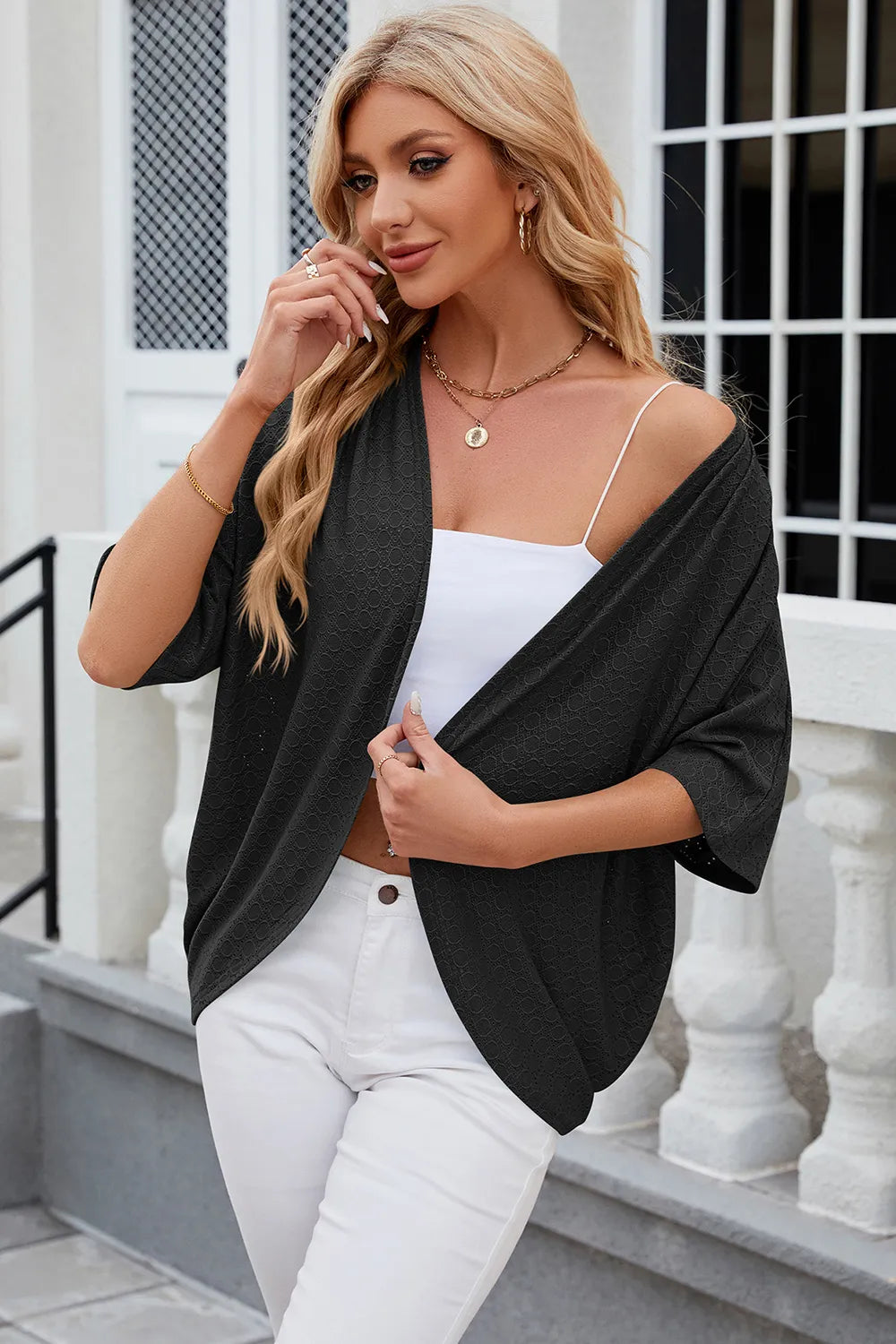 Solid color mid sleeved cardigan knitted cardigan jacket air-conditioned sweater