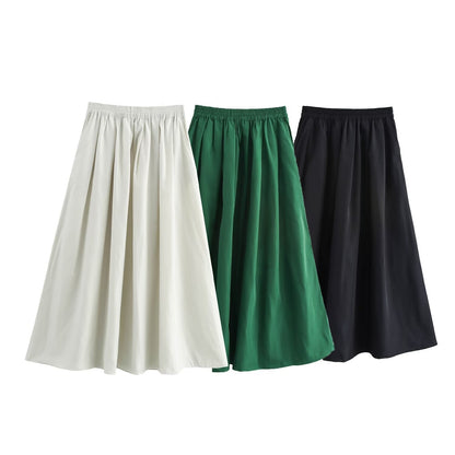 Solid color short shirt wide swing MIDI skirt