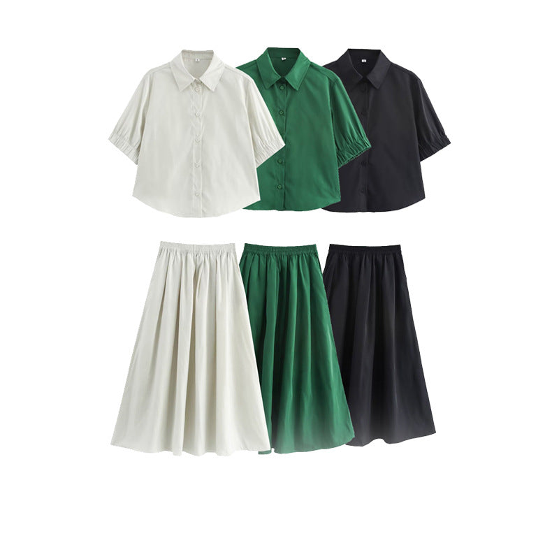 Solid color short shirt wide swing MIDI skirt