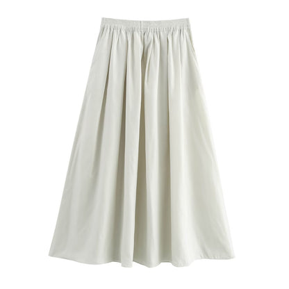 Solid color short shirt wide swing MIDI skirt
