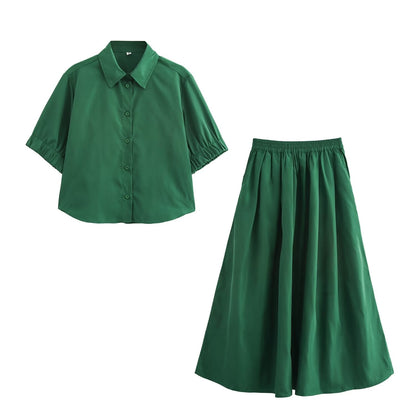 Solid color short shirt wide swing MIDI skirt