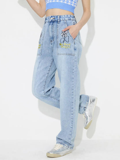 Straight embroidered loose high waisted denim pants