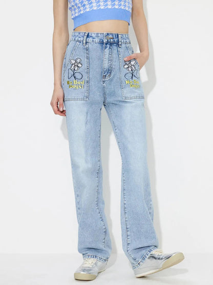 Straight embroidered loose high waisted denim pants