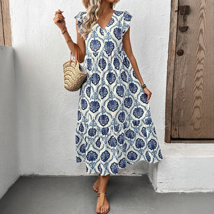 Vacation style loose deep V-neck printed long dress