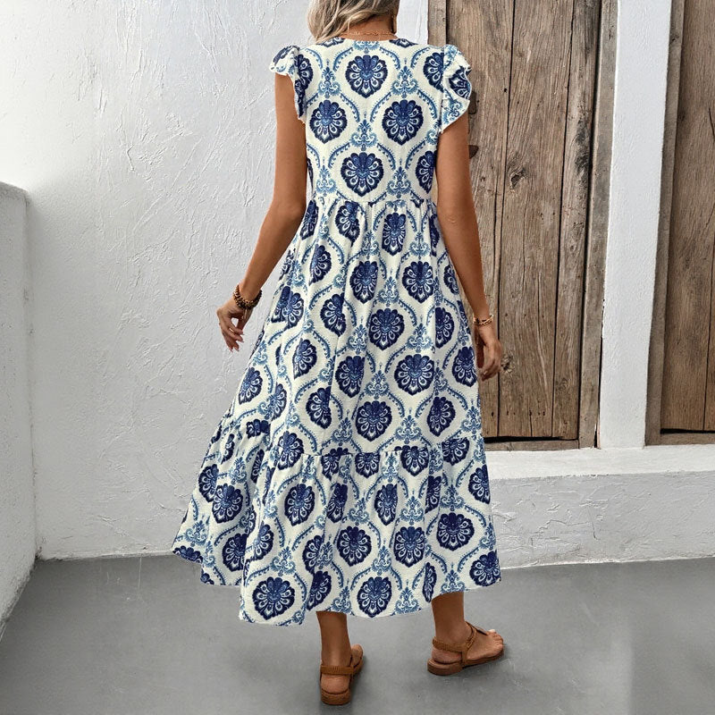 Vacation style loose deep V-neck printed long dress