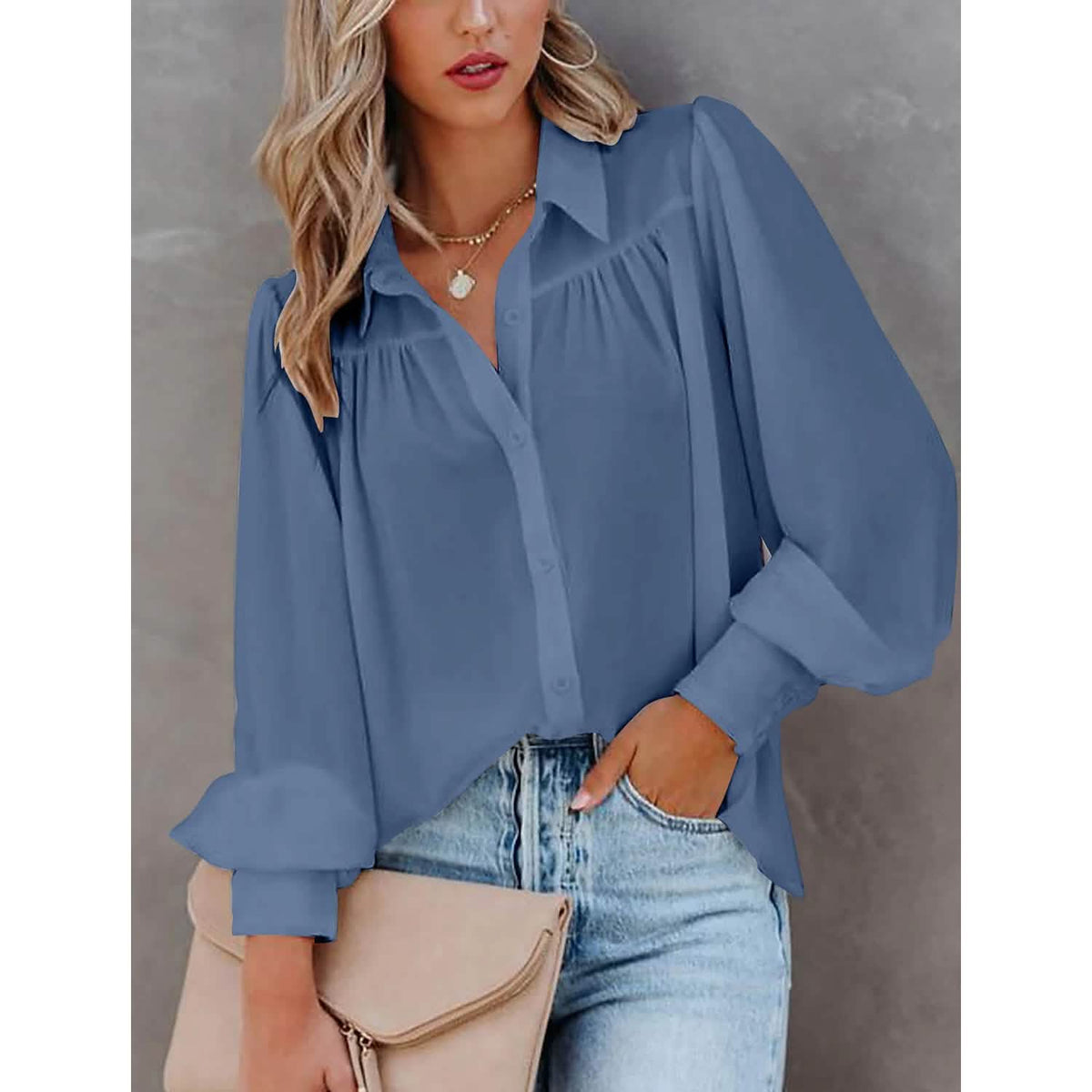 Womens Blouse Shirt Plain Button Long Sleeve