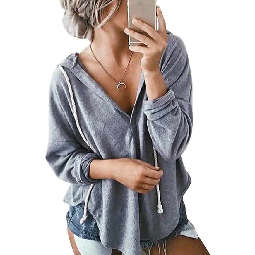 Women's Long Sleeve Deep V Neck Drawstring Sweatshirt Top